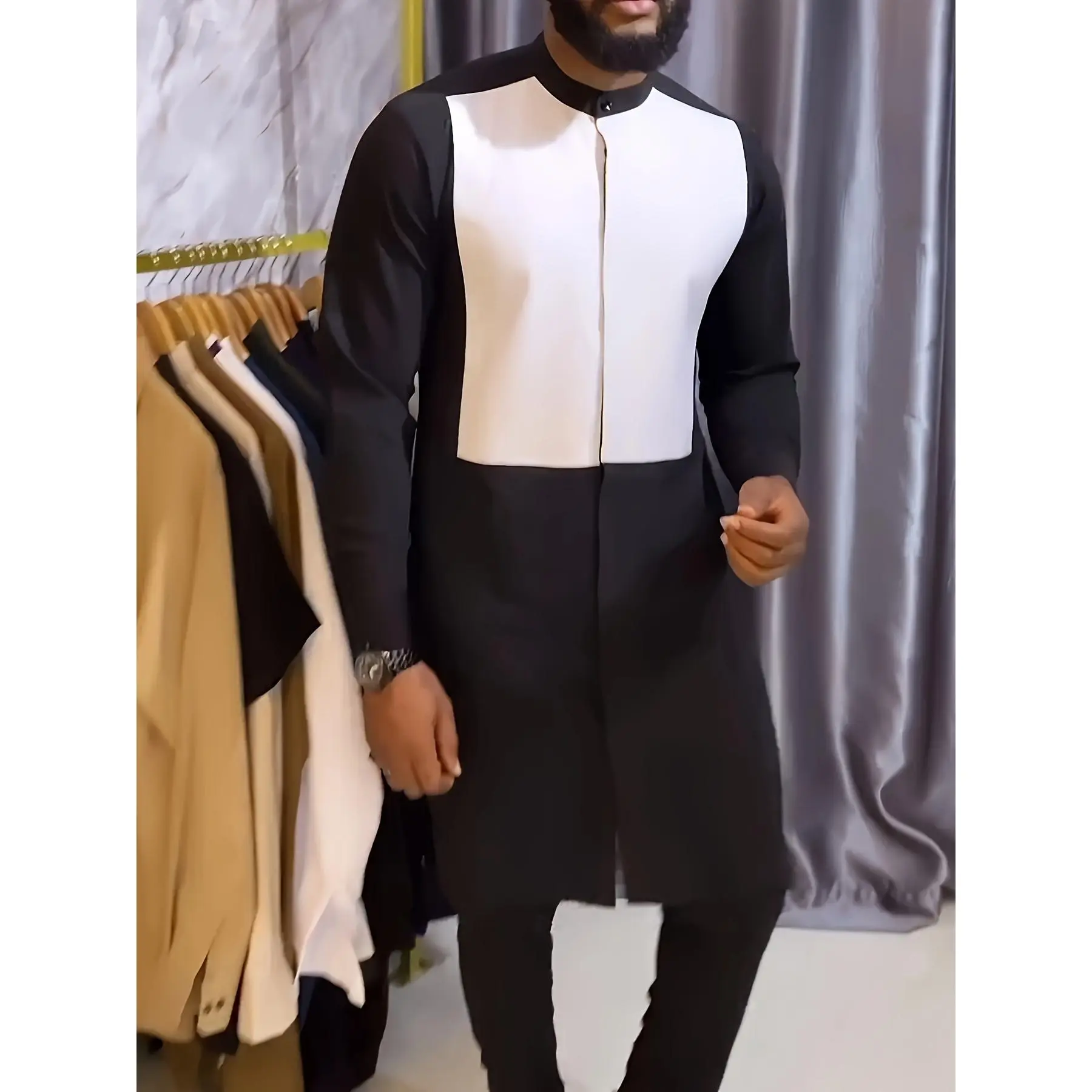 2-Piece Traditional Suit - Long Sleeve Color Block Thobe & Drawstring Solid Pants Set - Men's Modest Formal Outfit for Special Occasions