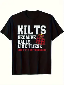 7.5oz Men's Humorous Scottish Kilt T-Shirt, Plaid Pattern, Bagpipe Illustration, Casual Long Top, Perfect for Scottish Events, Halloween