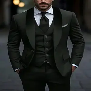 Men's 3pcs suit��plain color green fruit collar suit with jacket and formal trousers, suitable for business gatherings, graduation ceremonies, weddings and parties