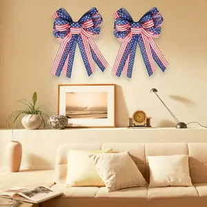 Large 4th of July Patriotic Wreath Bow, American Flag Bow with Red and Blue Stars, Veterans Day Decorations, Faux Linen Independence Day Decor for Front Door, Wreath, Porch, Wall, Party Backdrop, 1 Pc