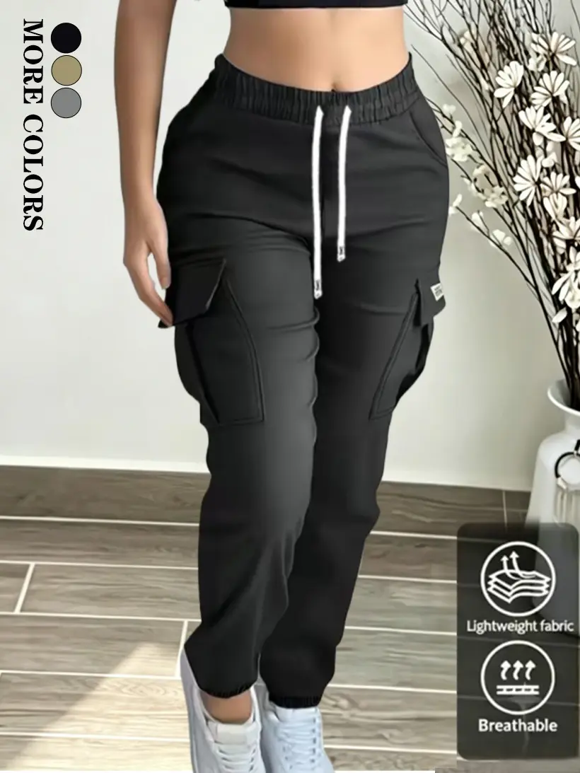 Clean Gent women’s outdoor cargo pants with large pockets on both sides, long spring/autumn style, elastic drawstring waistband, tapered cuffs—suitable for everyday casual wear, outdoor activities, jogging, and dates.