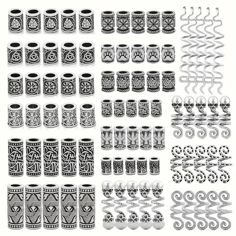 85pcs Hair Tube Beads Norwegian Viking Rune Hair Beard Beads Bracelet DIY Braided Beads For Hair Braids Viking Braids Long Braids Accessories Beaded Set Hair Decoration