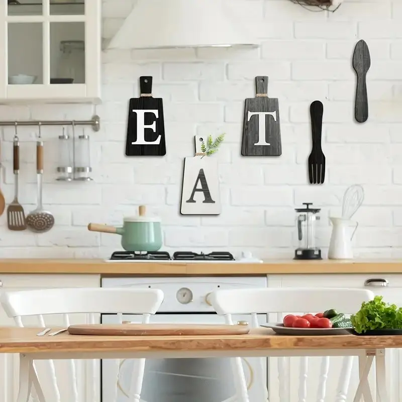 Wooden Kitchen Decoration Plaque, Wood Grain Print, 5 Counts/set Eat Letter & Sunflower Pattern Hanging Wall Art, Artwork For Walls, Wall Decor, Aesthetic Wall Decor, Modern Home Decor for Home Kitchen Dining Room