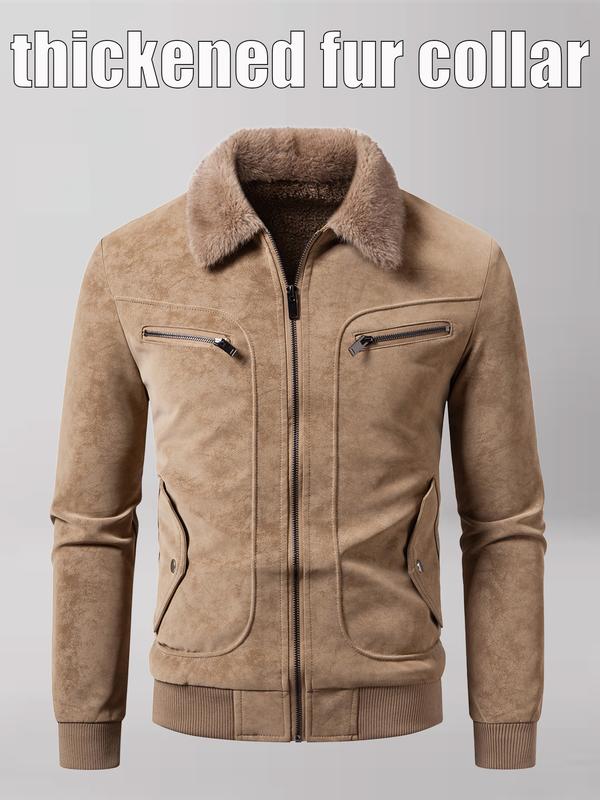 Men's Winter Velvet Jacket, Fleece Lined Thick Fur Collar, Vintage Lapel Multiple Pockets, Warm Motorcycle Coat