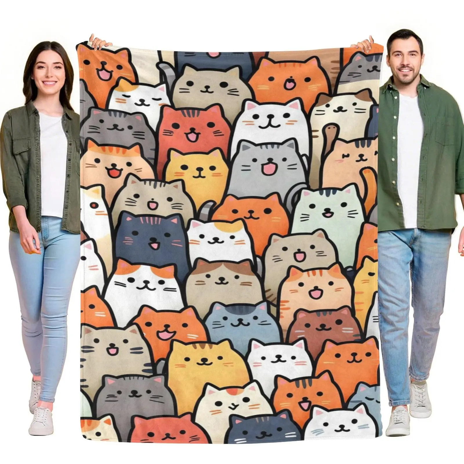 Multi Color Cute Cartoon Cat Seamless All Over Print Throw Blanket, Kawaii Kitten Pet Lover Lightweight Blanket for Cat Mom Kids Aesthetic Room Decor