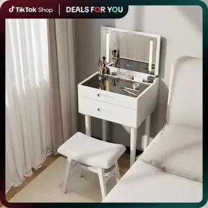 【Green Choice】Elegant Vanity, 100% Solid Wood, No MDF, Handmade for a Natural & Elegant Daily Ritual, Makeup Table for Tight Spaces with Glass Top, Flip-Top Mirror with LED Lights, Space-Saving with Drawers, Adjustable Brightness