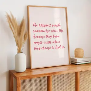 Romanticizing your life Poster | Pink Typography Quote Wall Decoration | Feminine Preppy Decor Positive Manifestation for Apartment