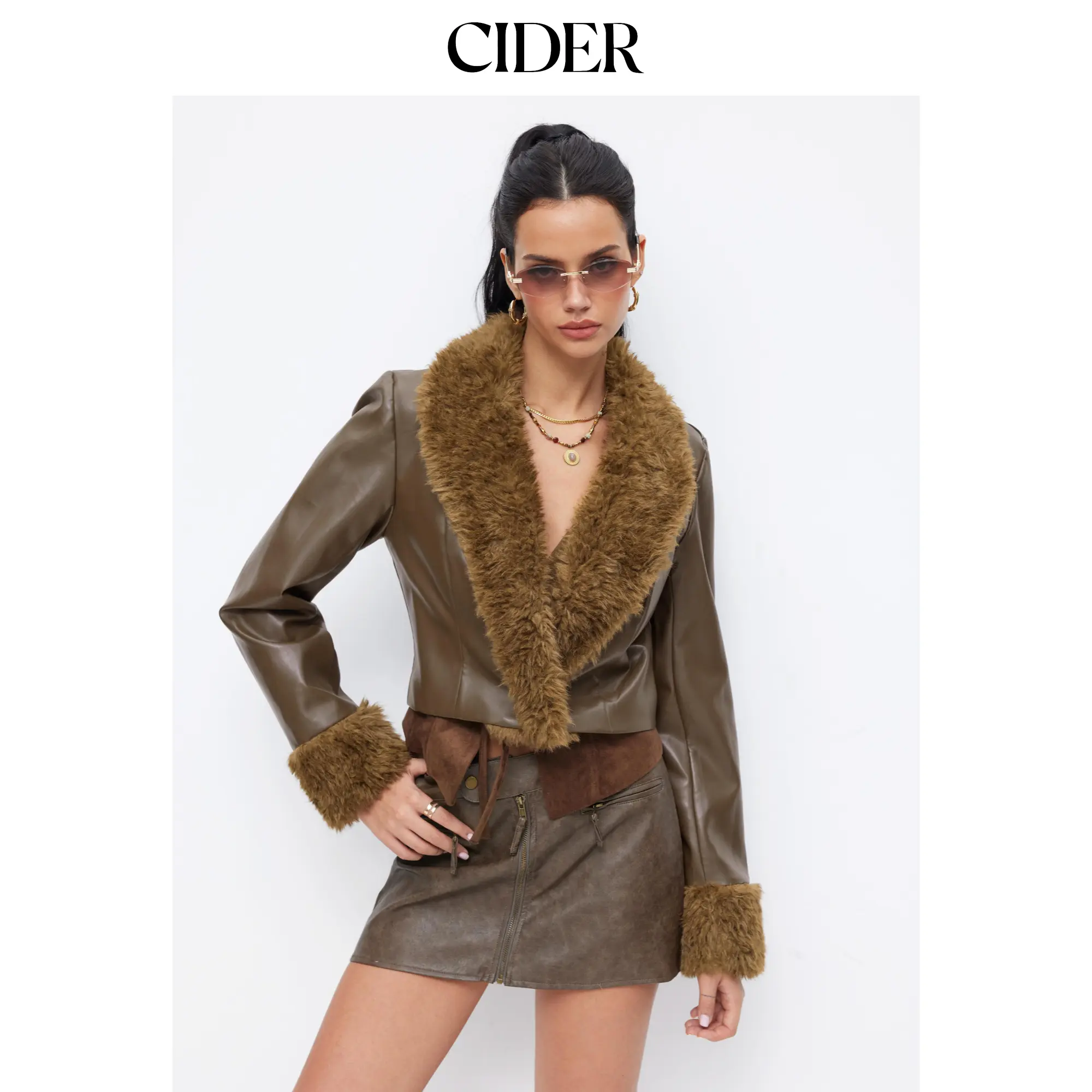 Cider Women's Fitted Basic Faux Leather Collar, Faux Fur Trim, Button-Front Cropped Jacket for Tops & Coats, Outerwear, Collared Neck, Leather & Faux Leather