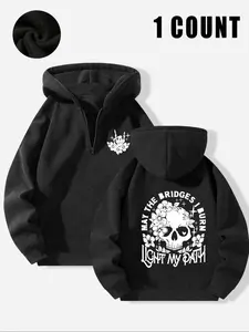 Half zip Women's Hoodie Knit - Gothic Skull Flower "May My Burning Bridge Illuminate My Path" Printed Hoodie Style