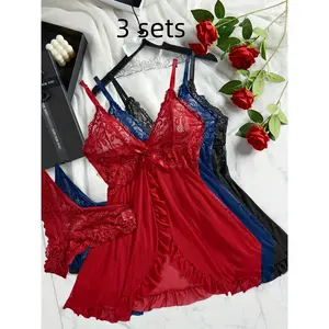 3pcs Lingerie Set For Women, Sexy Lingerie Red Blue Black Nightgown Made Of Net Fabric, Strap Nightgown, Suitable For Home, Hotel, Valentine'S Day, Sexy Nightgown, Sexy Lingerie