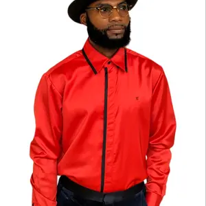 Men's  Red Dress Shirt with Bold Black Trim" Formal Tops Menswear Tuxedo