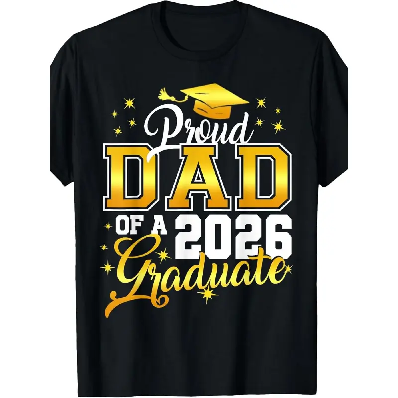 Men's Plus Size Proud Dad Of A 2026 Graduate Graphic T-Shirt - Menswear Top, Black, Short-Sleeve, Round Neck, Loose Fit, Graduation Cap Print, Casual T-Shirts, Father Gift