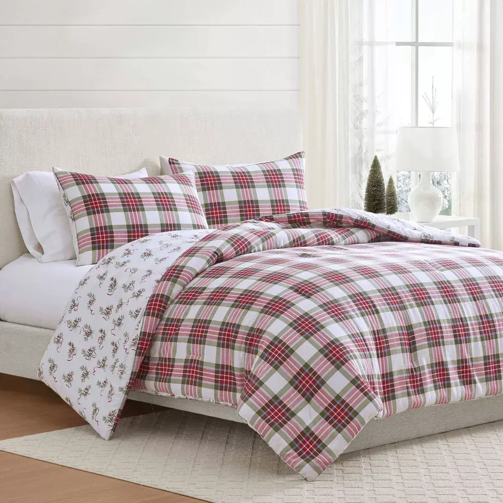 Martha Stewart 3-Pc Full/Queen Bedding Set, Classic Red and Green Plaid Pattern Comforter with Festive Red Ribbon, Reversible Yuletide Spruce Design