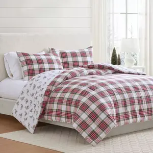 Martha Stewart 3pc Full/Queen Yuletide Spruce Plaid/Holiday Ribbons Comforter Bedding Set Red
