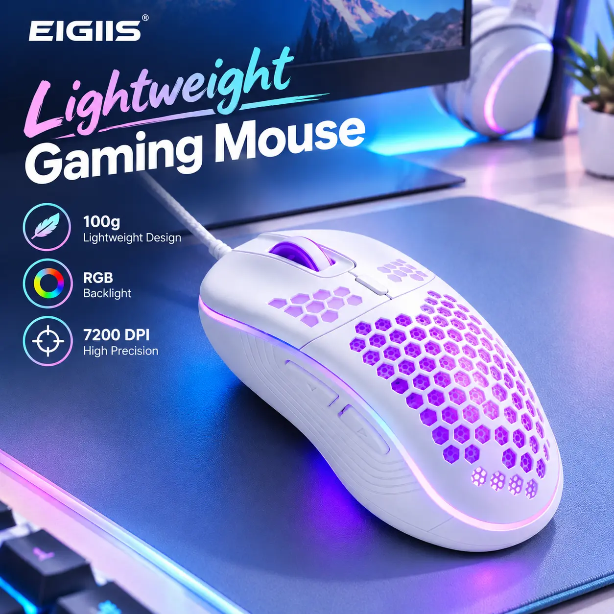 EIGIIS Compact Ergonomic Gaming Mouse, Lightweight Wired Device with Hollow Cutout, Dynamic RGB Backlight, Breathable Shell, 7200 Adjustable DPI High-Precision Optical Sensor, 6 Programmable Buttons for PC Gamers, Compact Ergonomic Mouse