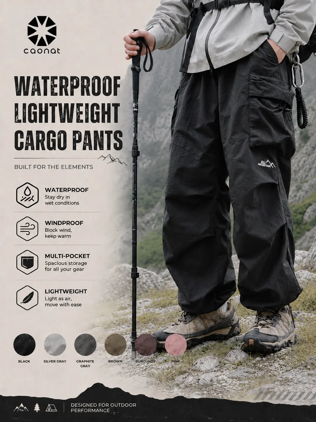 【CREATORS PICK】CAONAT Black Loose-Fit Baggy Cargo Pants for Men, Lightweight Water-Resistant Parachute Trousers with Elastic Waist and Pockets for Gorpcore Streetwear, Fashion Apparel, Mens Clothing, Baggy Pants,  Machine Washable, Baggy Cut, Hip-Hop