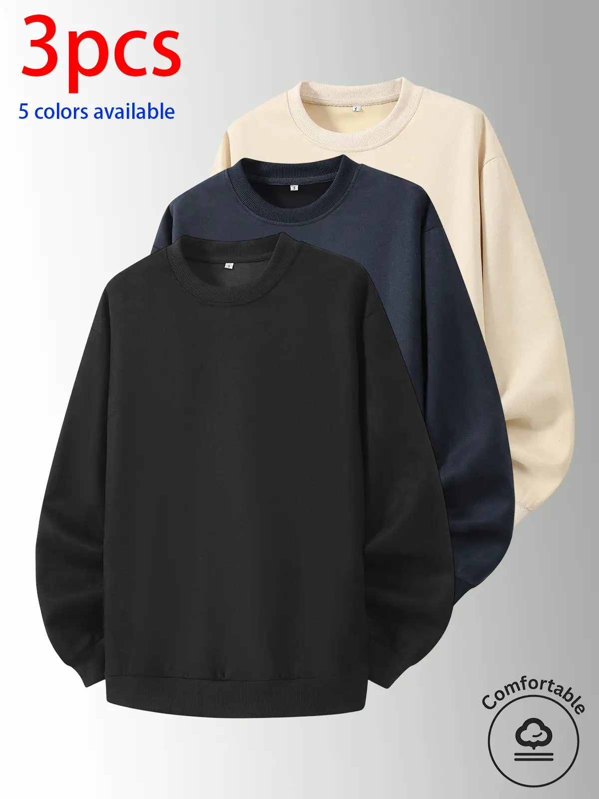3-pack: men’s crewneck sweatshirt, men’s long-sleeve top, men’s pullover sweatshirt.Loose, comfortable fit; no print design; minimalist options available. Versatile for home, everyday casual wear, outdoor sports, campus, work, and commuting; suitable for