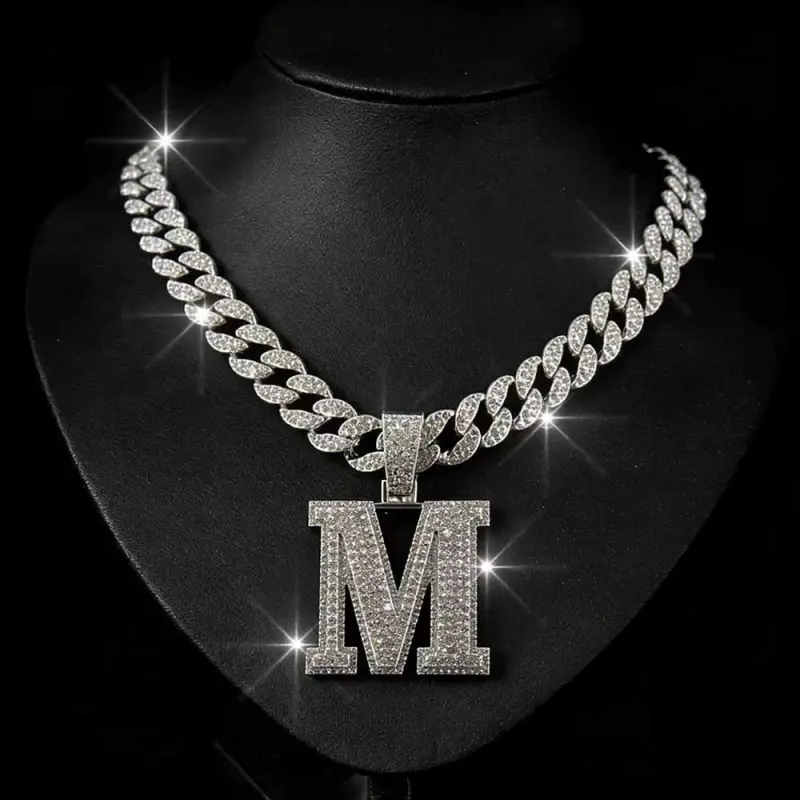 Iced Out Letter "M" Initial Pendant Cuban Link Chain, Hip Hop Statement Necklace, Gold Costume Jewelry, Cuban Links Necklace, Gold Statement Chain