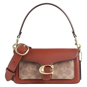 Coach Tabby 20 Classic Monogram Print with Metal C Logo Snap Closure, Coated Canvas and Calfskin Handbag, Shoulder and Crossbody Bag for Women in Brown and Rust Color Daily Commuter Purse