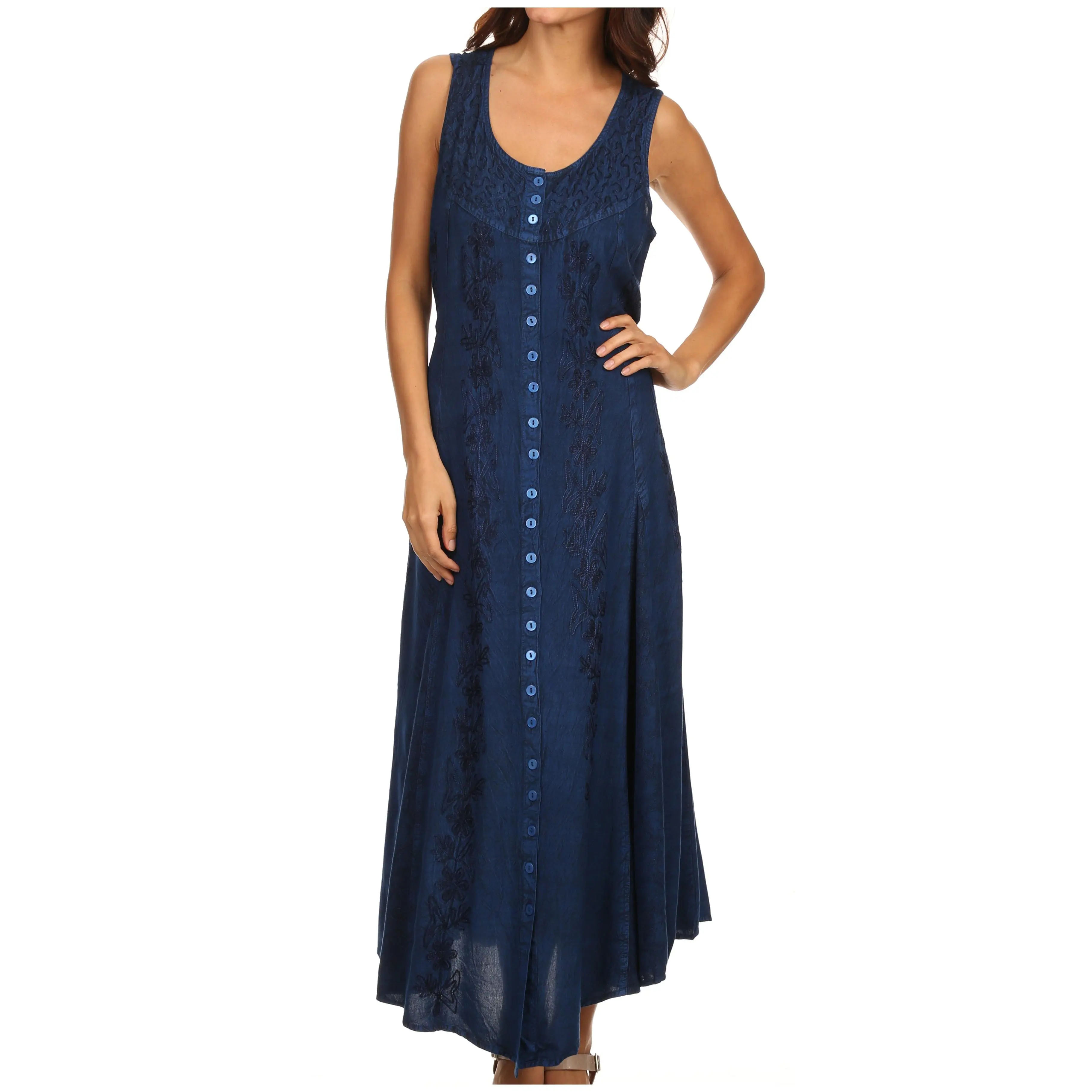 Sakkas Maya Floral Embroidered Sleeveless Button Up Rayon Dress
