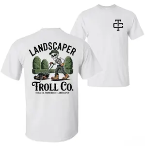 Funny Landscaper Work TShirt – Skeleton Lawn Care Tee by Troll Co – Durable Graphic T-Shirt for Lawn Guys, Yard Crew & Hardworking Dads, Gift For Him