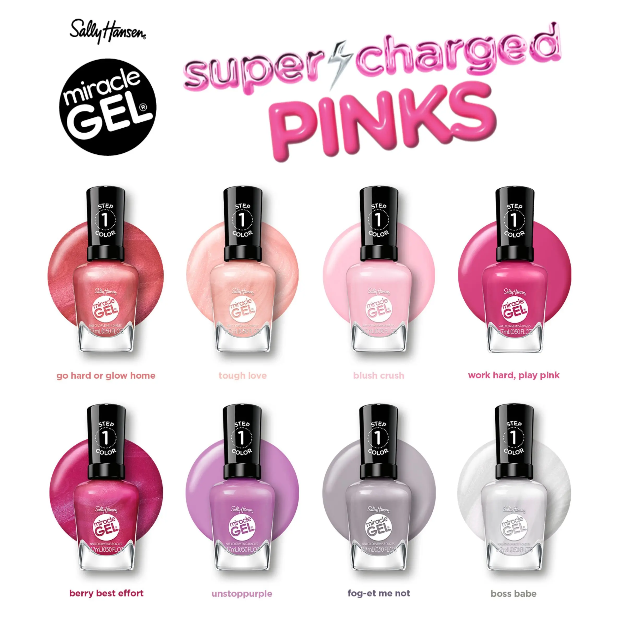 Sally Hansen Miracle Gel Supercharged Pinks Nail Polish, Salon Quality Gel-Like Formula, No UV Light Needed, 16-Day Wear