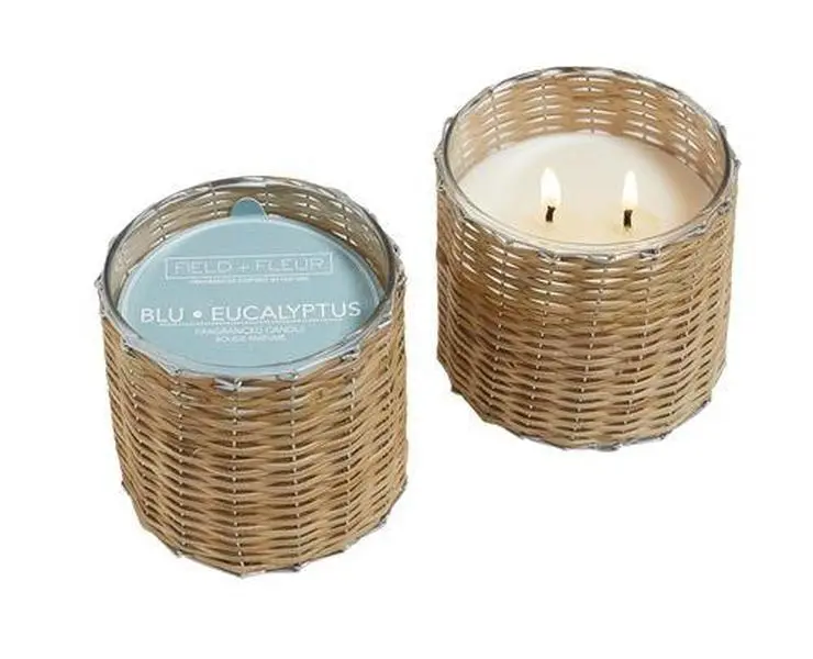 BLU EUCALYPTUS Field + Fleur Reed 2-Wick Handwoven 12 oz Scented Jar Candle