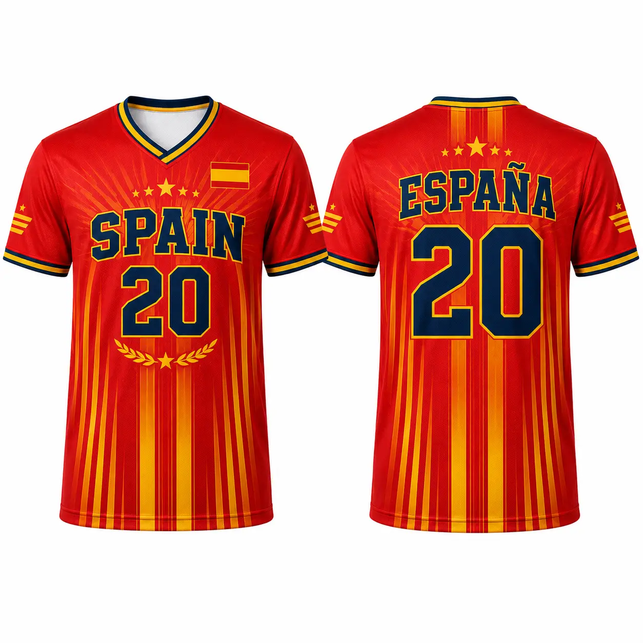Spain-Inspired Sporty Chic V-Neck Sports Top - Breathable Men's/Women's Football Fan Tee with Flag Details, Number 20 Graphic, Red Yellow Soccer Style Short Sleeve for Game Days, Casual Wear, Stars Accents, Unisex