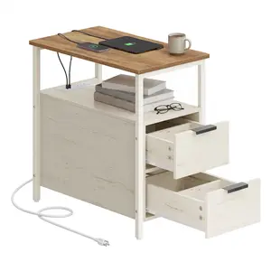 VASAGLE Side End Table with Charging Station, Slim Nightstand with 2 Drawers, Narrow Bedside Table for Living Room, Small Spaces