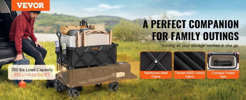 VEVOR Foldable Double Decker Wagon, Collapsible Wagon Cart with All-Terrain Wheels, Heavy Duty Folding Wagon Cart  for Camping, Shopping, Garden, 52" Extra Long Extender