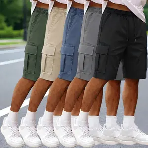 Pack of 5 men’s cargo shorts with elastic drawstring waist and large side pockets, loose knee-length design, quick-drying and breathable—ideal for hiking, beach trips, and everyday travel with storage pockets.