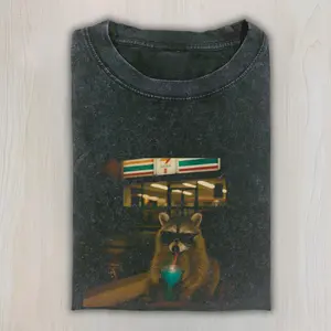 Raccoon 7 Eleven Slurpee Night Meme T-Shirt, Funny Trash Panda Aesthetic Shirt, Chill Drip Raccoon Vibes, Late Night Snack Meme Culture, Streetwear Animal Graphic Tee, Unisex Cotton Crewneck T-Shirt Menswear Womenswear Streetwear Top