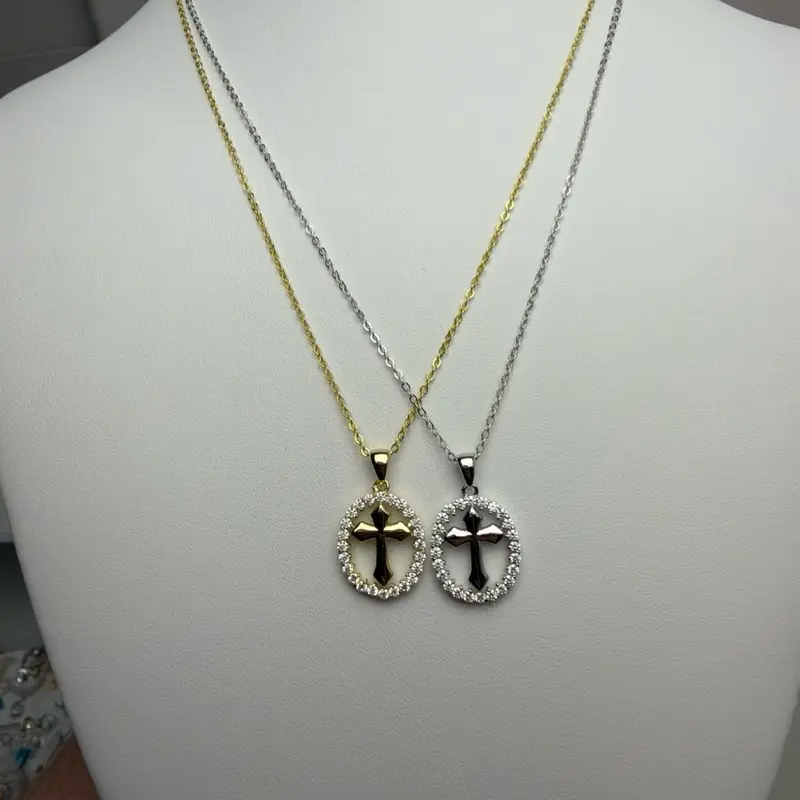 Sterling Silver Rhodium-Plated Adjustable Anchor Necklace - 16-18in Adjustable Anchor Chain, Cross Pendant With Halo Moissanite Design for Everyday Wear