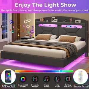 Sikaic LED Floating Bed Frame With Charging Station Hidden Storage Dark Grey