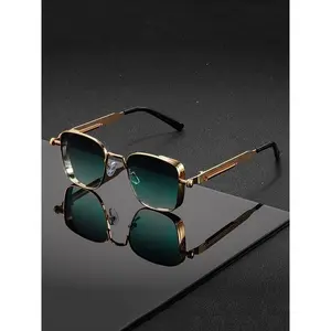 Men's Vintage Industrial Rectangular Metal Frame Eyeglasses, Engraved Details, Flexible Spring Hinges, Retro Steam Punk Style, All-Season Comfortable Adaptability (Sports & Outdoor Accessory)
