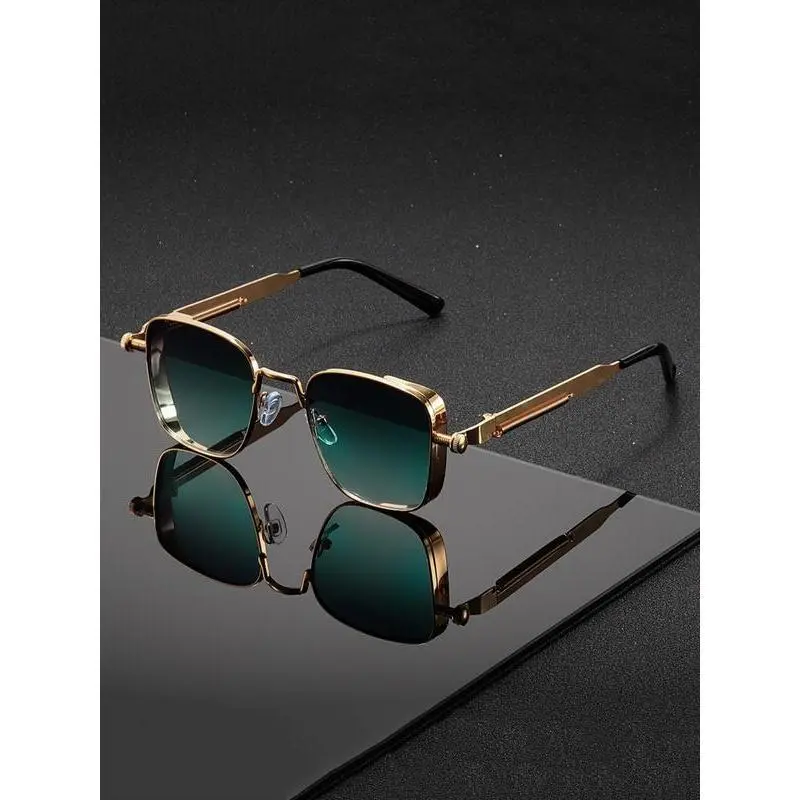 Men's Retro Rectangle Eyeglasses - Steampunk Engraved Metal Frame with Flexible Spring Hinges, Decorative Slip-On Glasses for Parties, All-Seasons, One-Size