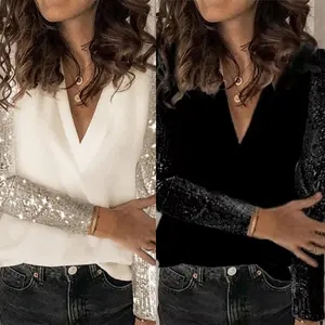 Fashionable Sequins Long Sleeve V-neck Elegant T-shirt Women