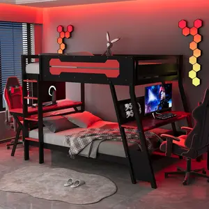 Full Over Full Solid Wood Frame Bunk Bed with 2 Built-In Desks, Desk, USB Desktop Ports, Pegboard Organizer, Study & Play Space, Red