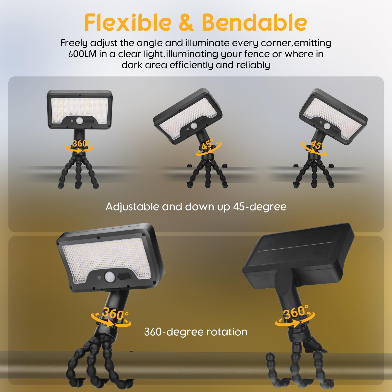Clamp-on Solar Light Outdoor with Octopus Tripod, 3 Color Temperatures and Remote Control, Motion Sensor Fence Light Solar Powered, IP65 Waterproof Secht, Suitable for Outdoor, Deck, Gutters, Camping