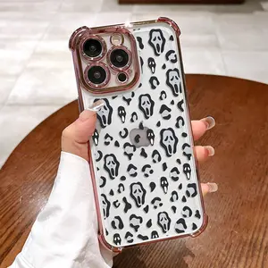 Halloween Leopard Ghost Phone Case , Electroplated Cover with Airbag Shockproof Slim Soft TPU Cover for iPhone X 11 12 13 14 15 16 17 Pro Max Plus Air