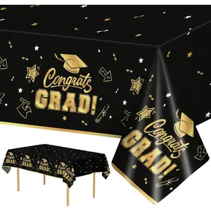 2 Pack Graduation Tablecloth - Congrats Grad Table Cloths, Plastic Disposable Rectangle Black Gold Class of 2026 Table Cover for Graduation Tables Decorations Party Decor Supplies Favors,108 x 54 Inch