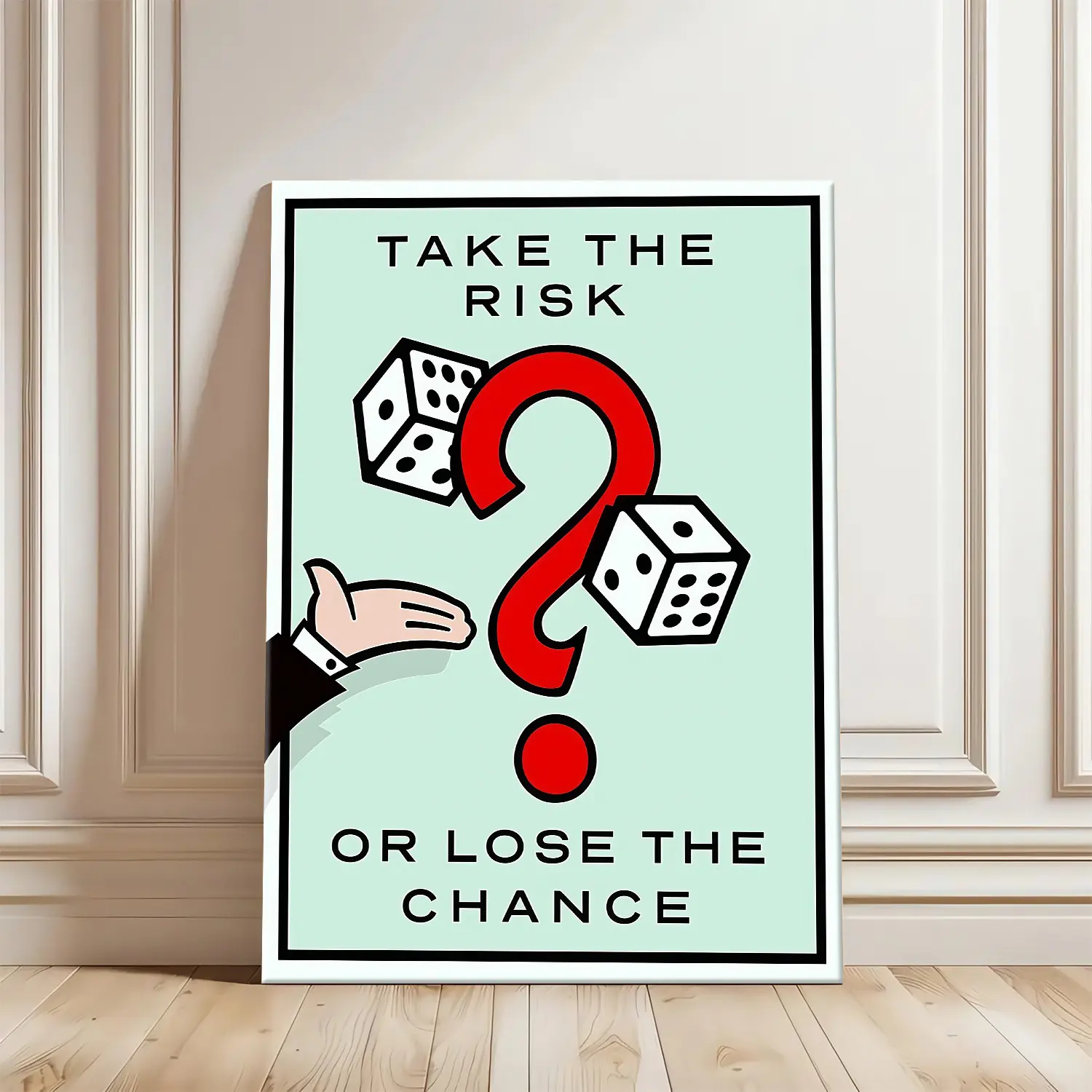 "Take The Risk Or Lose The Chance" Framed Waterproof Woody Canvas Wall Art Print - Motivational Business Quote Poster with Plaid-Polka Dot, Houndstooth-Marble Accents, Edgy Classy Military-Themed Office Decor, Home Supplies