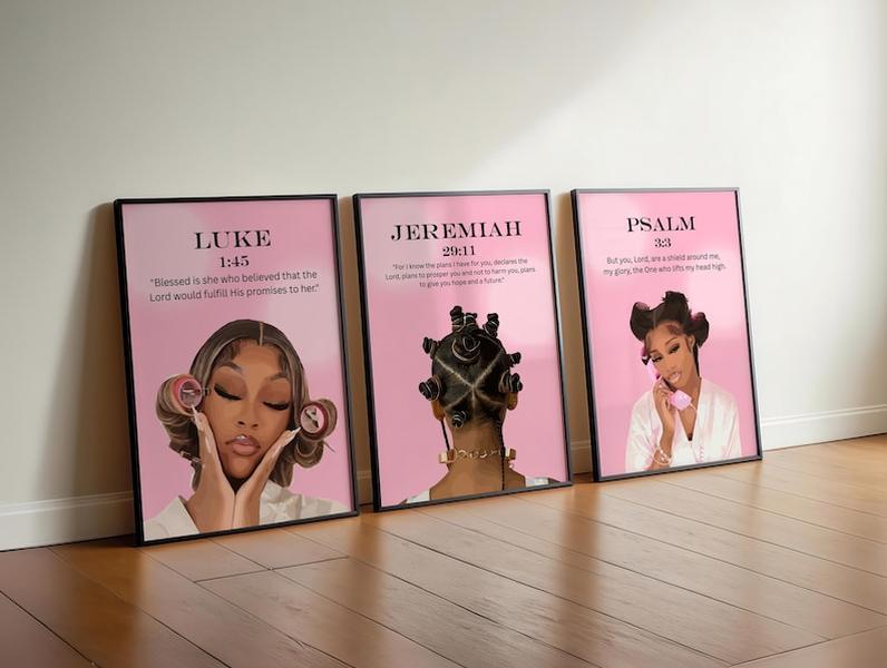 Set of 3 Pink Bible Verse Print; Christian Black Girl Wall Art #677899