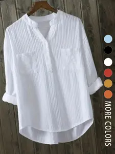 A white V-neck relaxed casual design Spring Pocket Button Down Blouse Button Up Top Casual Shirt for women, highly versatile for both work and indoor wear.