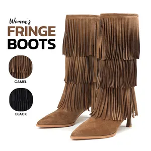 Fringe Boots For Women Mid Calf Boot Pointed Toe Kitten Heel Pull On Suede Wide Calf Tassels Fashion Retro Chic Party Date Festival Dress Concert Trendy Fringe Booties Deals For You Days