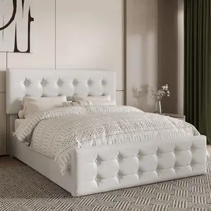 Full Size Bed Frame with 4 Storage Drawers and Headboard  Linen Upholstered Platform Bed Frame with Wooden Slats Support  No Box Spring Needed Button Tufted Design Beige