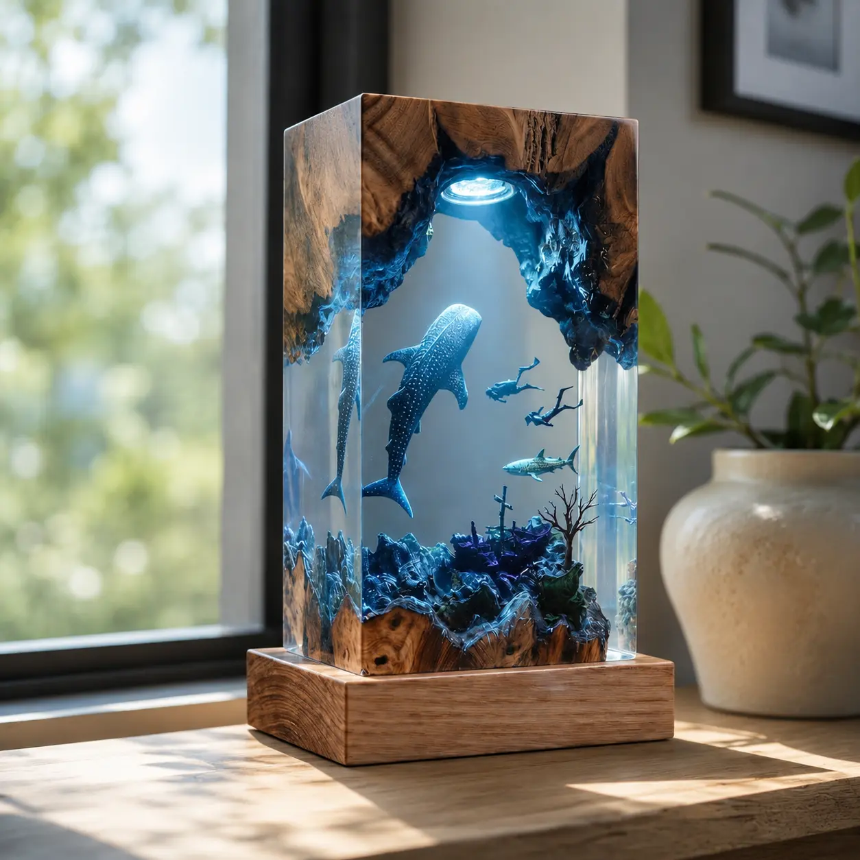 Whale Shark Resin Lamp, Handmade Ocean Resin Art, Deep Sea Aquarium Diorama, Epoxy Resin Decorative Lamp, Wooden Base Home Decor, Marine Life Sculpture, Coastal Desk Decoration, Unique Ocean Gift, Collectible Resin Artwork