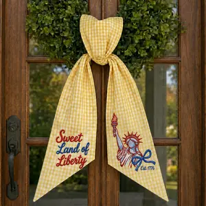 Patriotic Wreath Bow Sash, Sweet Land of Liberty Embroidery, Yellow Gingham Door Decor Gift for 4th of July