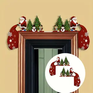 2pcs Antique Wooden Christmas Door Corner Decorations, Santa Reindeer Snowman Wall Ornaments for Indoor Living Room Bedroom Office