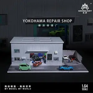 Diorama 1/64 Scale Car Garage Model LED Lighting City Street View Repair Workshop Building Parking Lot Scene Display Model Colle Gift Toy